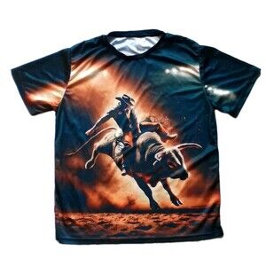 COWBOY RIDING BULL WESTERN LARGE T-SHIRT BLACK SOUTHWEST RODEO NIGHT SKY MENS